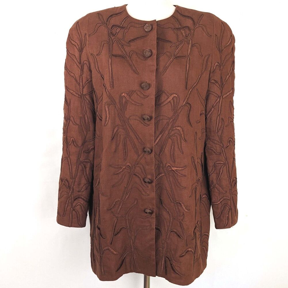 Carmen Marc Valvo Brown Linen Women's 12 Embroidered Snap Front Jacket